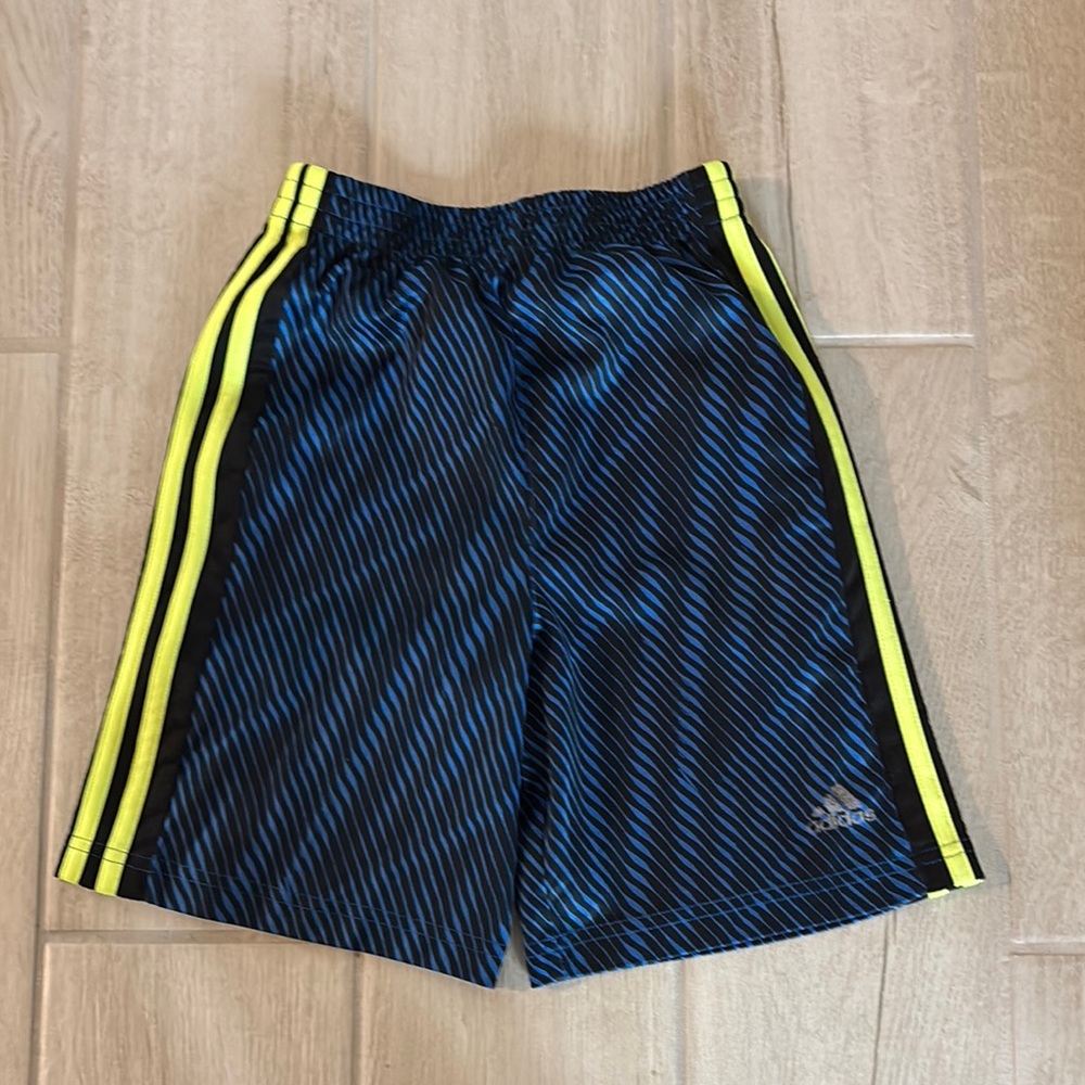 Adidas Black and Blue Striped Shorts with Yellow Accents